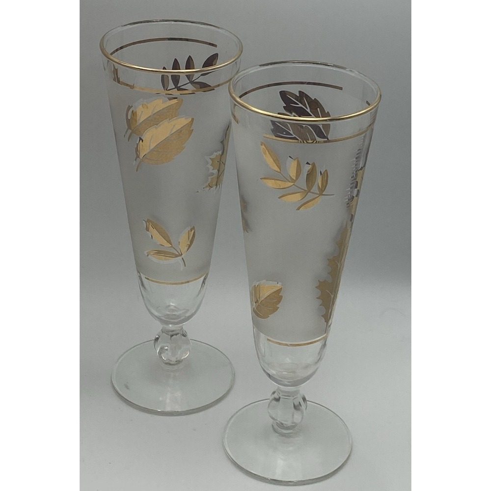 Vtg Libbey Gold Leaf Pilsner Glasses Leaves Frosted Set of 4 MCM Barware - Picture 3 of 3